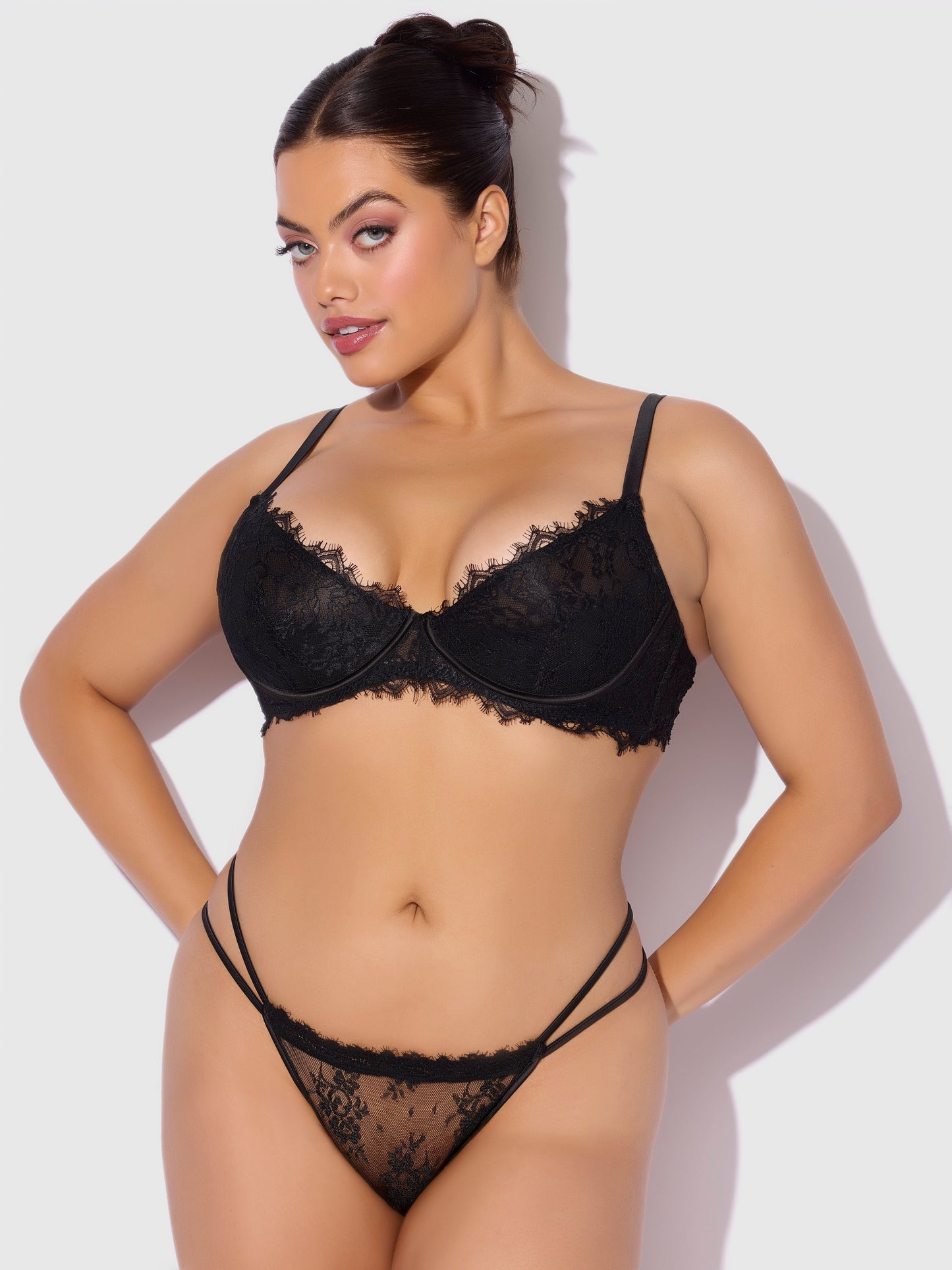 House of Desire Jocelyn Lace & Satin Push Up Bra Strappy Thong Set Black