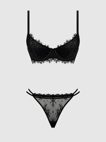 House of Desire Jocelyn Lace & Satin Push Up Bra Strappy Thong Set Black