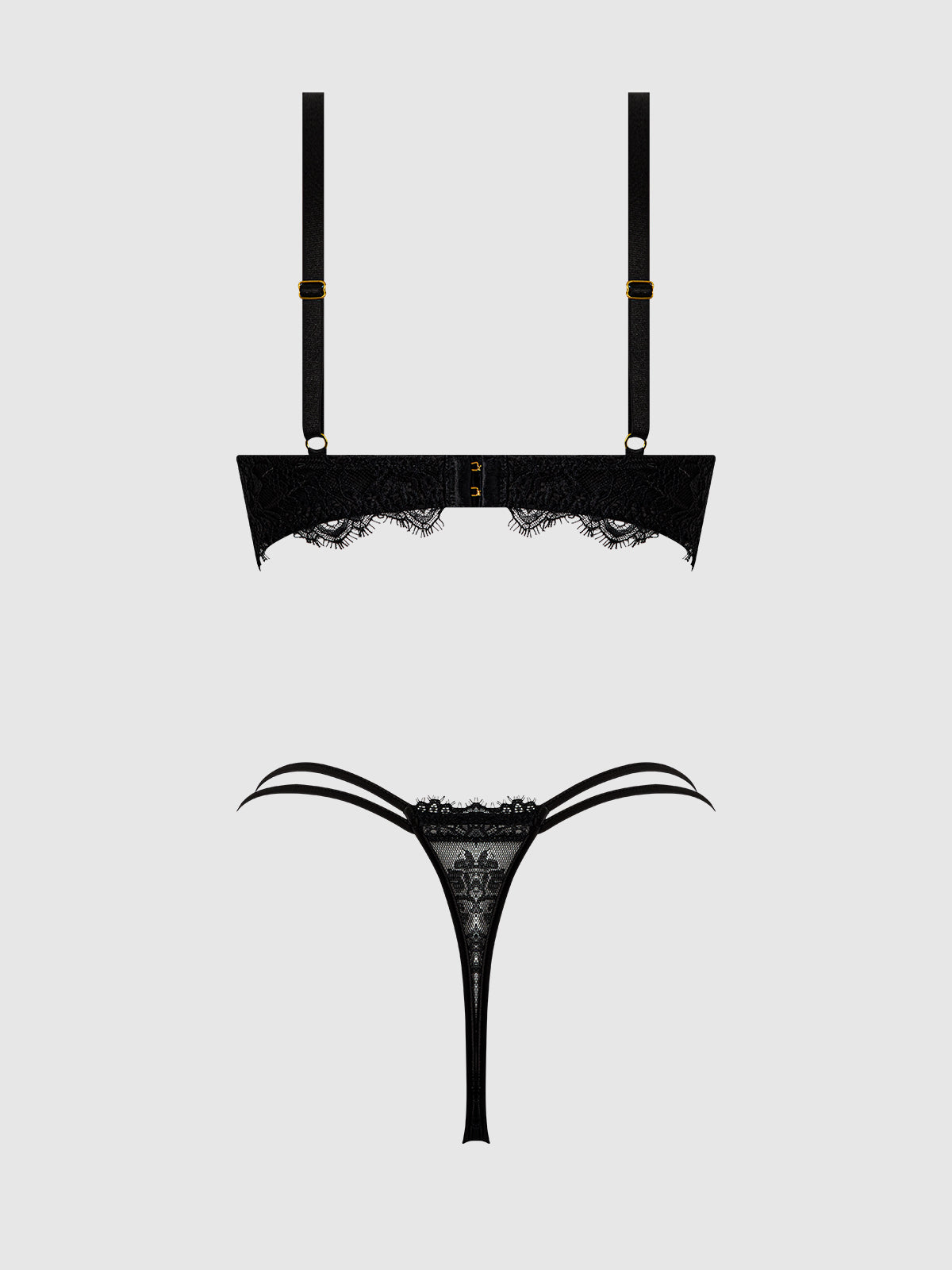 House of Desire Jocelyn Lace & Satin Push Up Bra Strappy Thong Set Black