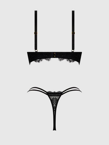 House of Desire Jocelyn Lace & Satin Push Up Bra Strappy Thong Set Black