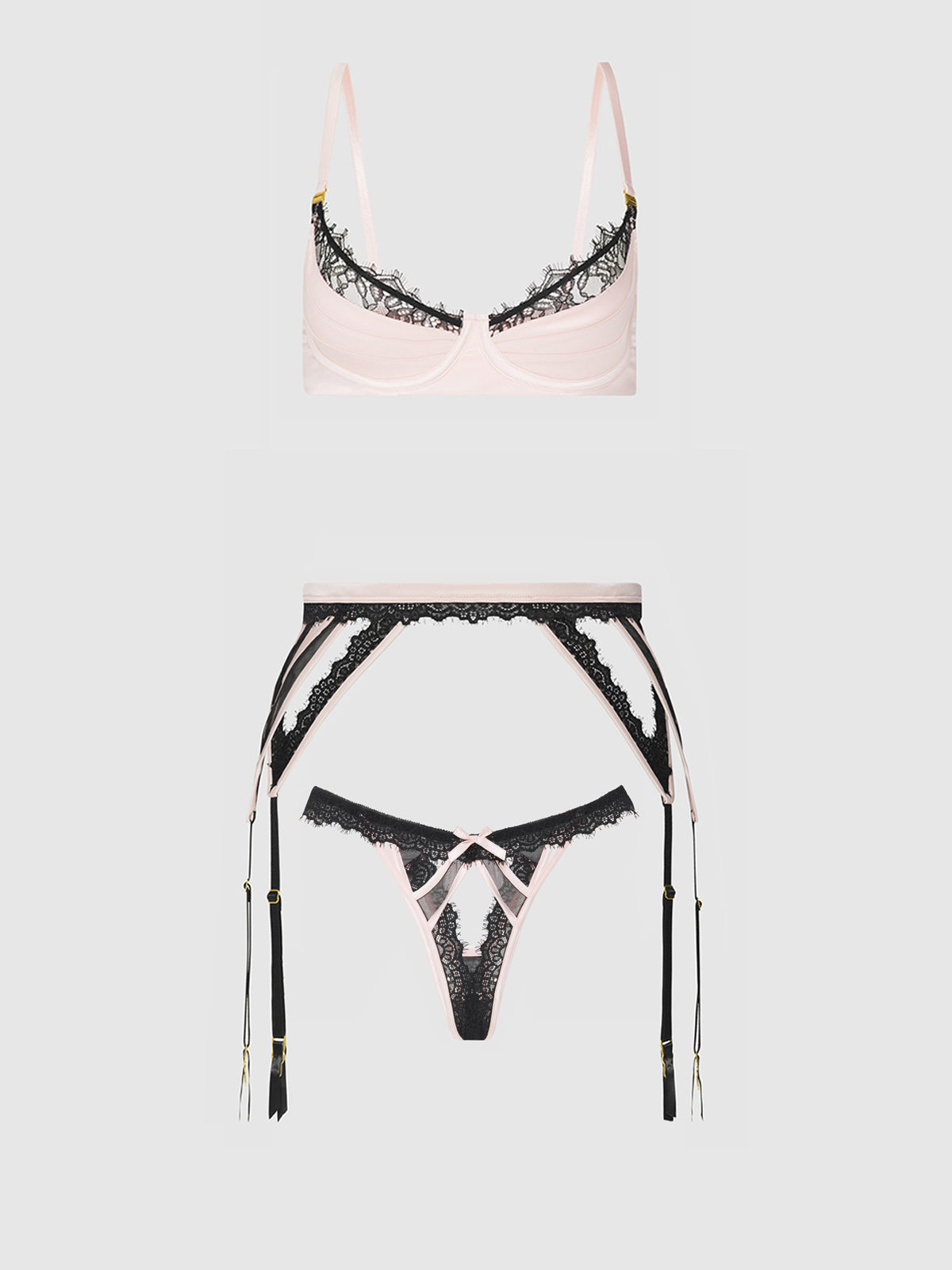House of Desire Jocelyn Satin & Lace Garter Push-Up Bra Set Pink