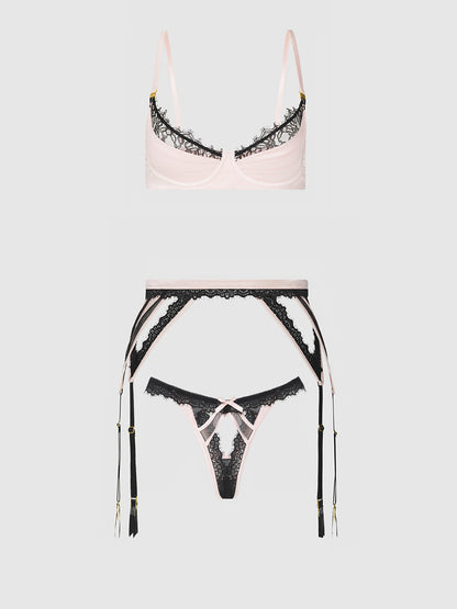 House of Desire Jocelyn Satin & Lace Garter Push-Up Bra Set Pink