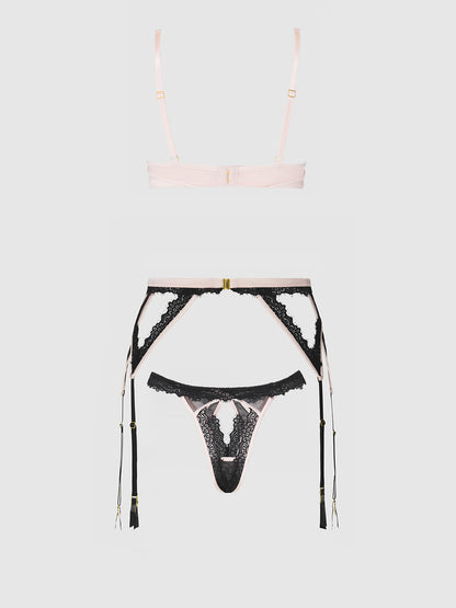 House of Desire Jocelyn Satin & Lace Garter Push-Up Bra Set Pink