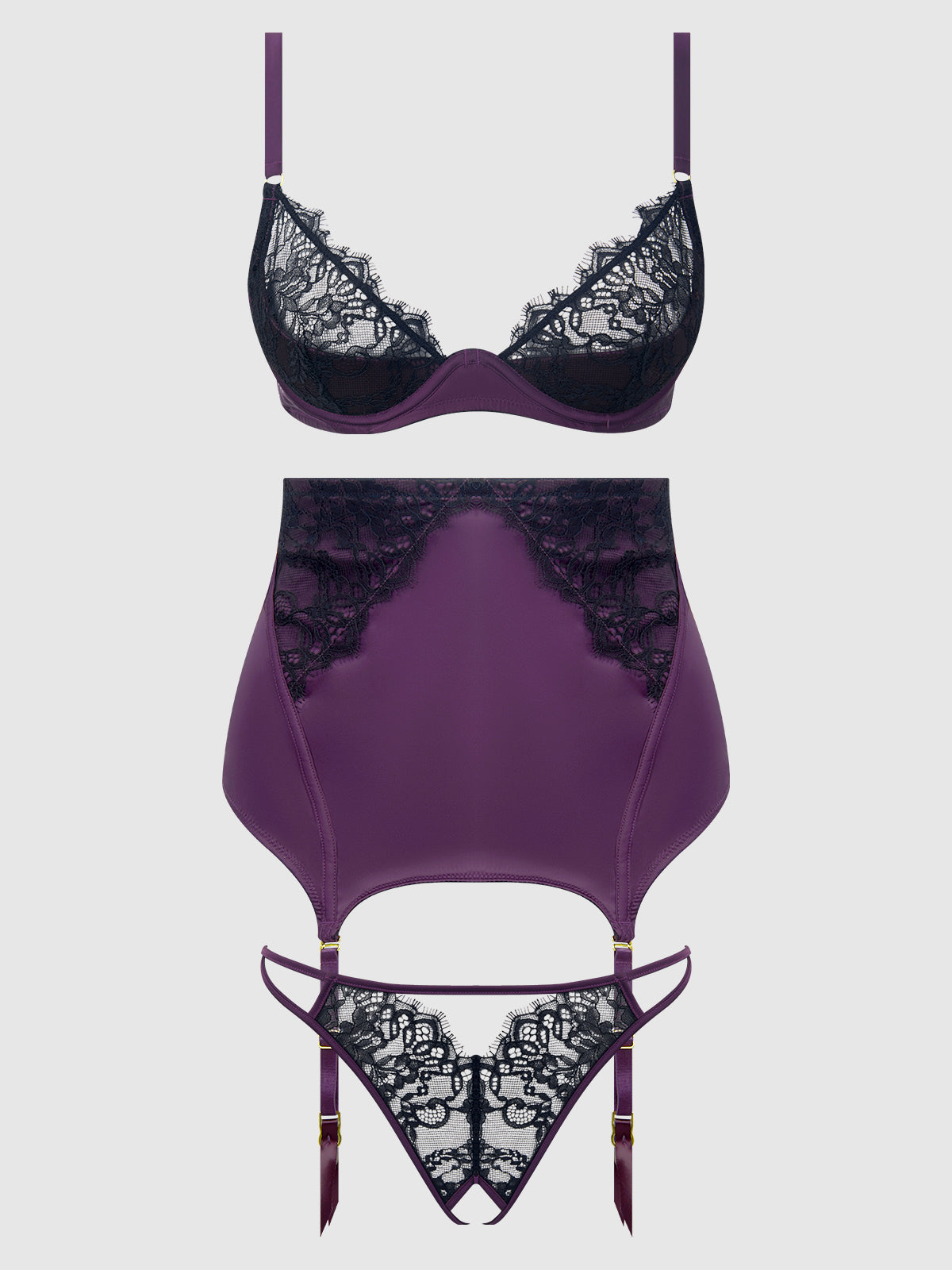 House of Desire Jocelyn Lace & Satin Demi Bra Half Skirt & G-String Bra Set
