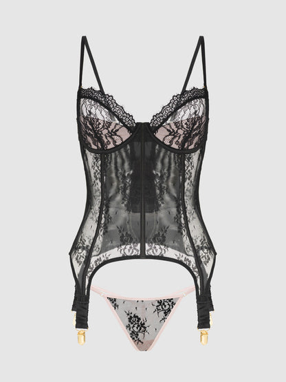 House of Desire Jocelyn Lace & Satin Underwire Corset & G-String Set
