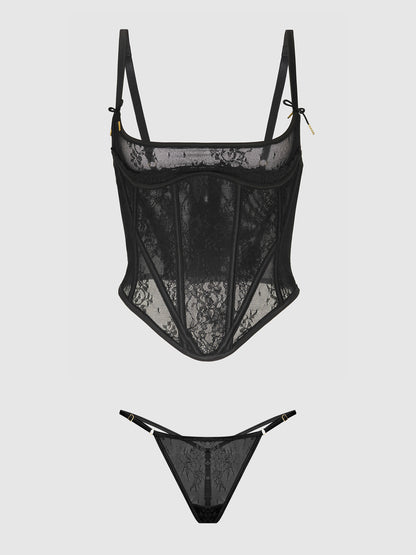 House of Desire Jocelyn Cinching Lace Underwire Bustier Set Black