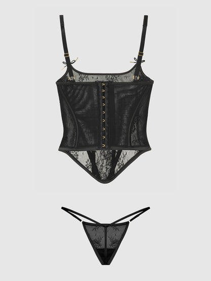 House of Desire Jocelyn Cinching Lace Underwire Bustier Set Black