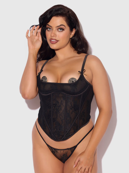 House of Desire Jocelyn Cinching Lace Underwire Bustier Set Black
