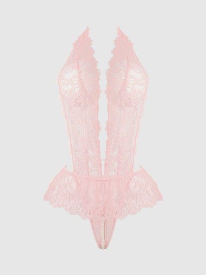 House of Desire Jocelyn Satin & Lace Drop Off Crotchless Teddy Light Pink