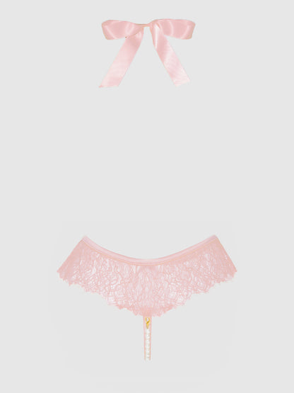 House of Desire Jocelyn Satin & Lace Drop Off Crotchless Teddy Light Pink
