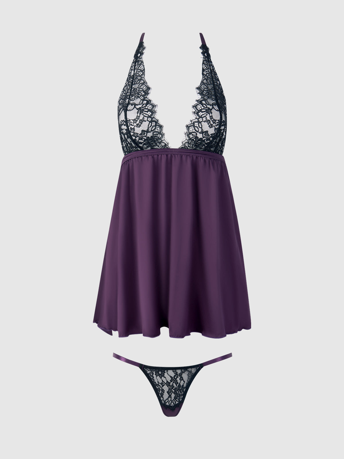 House of Desire Jocelyn Lace & Satin Drop Off Babydoll Set Purple