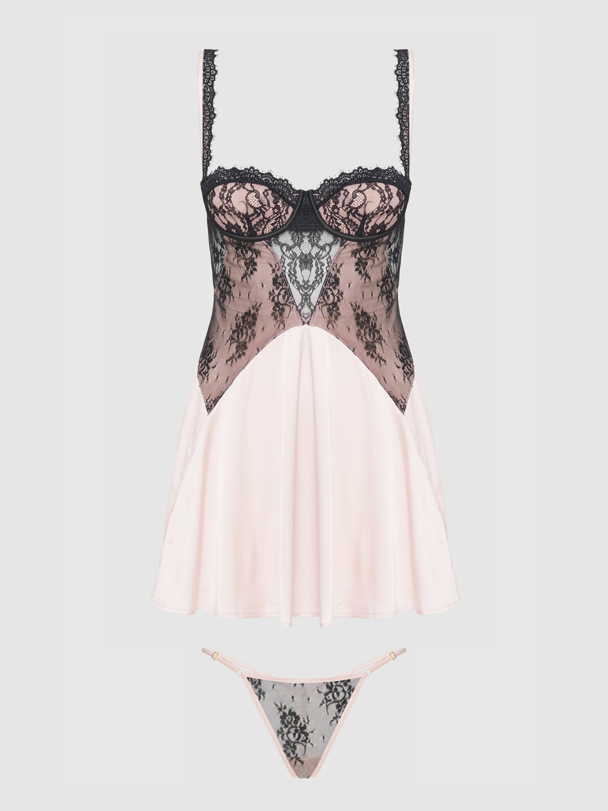 House of Desire Jocelyn Satin & Lace Babydoll Set Black/Light Pink