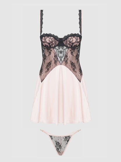 House of Desire Jocelyn Satin & Lace Babydoll Set Black/Light Pink