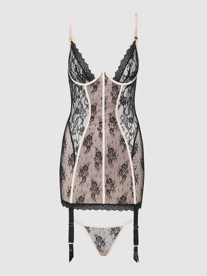 House of Desire Jocelyn Lace & Satin Garter Chemise & G-String Set Black/Light Pink