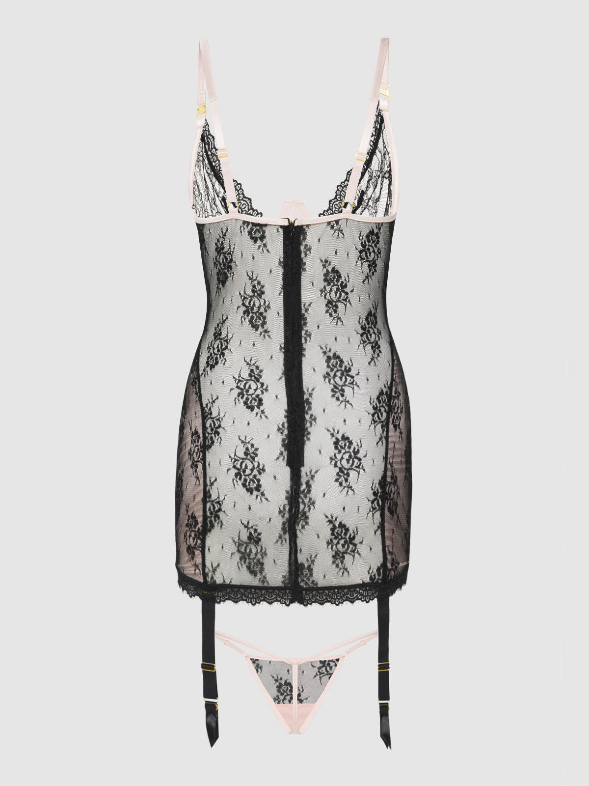 House of Desire Jocelyn Lace & Satin Garter Chemise & G-String Set Black/Light Pink