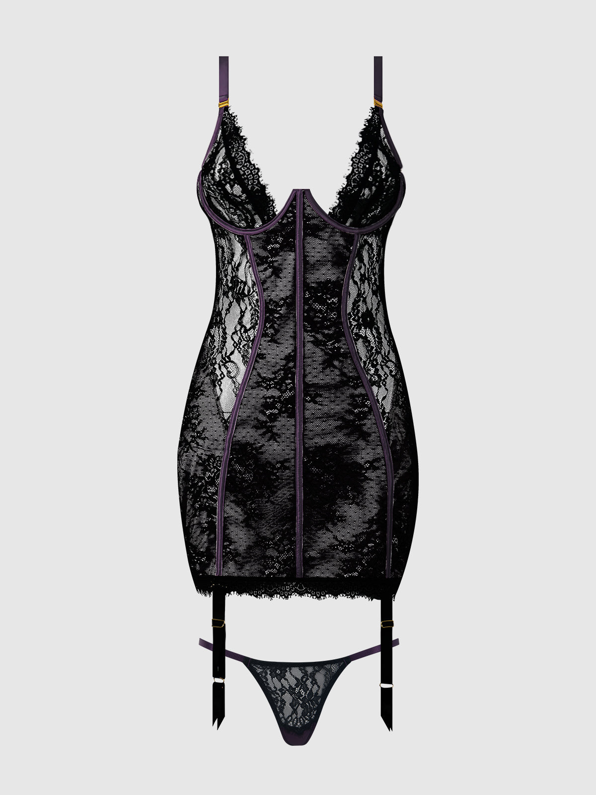 House of Desire Jocelyn Lace & Satin Garter Chemise & G-String Set Purple/Black