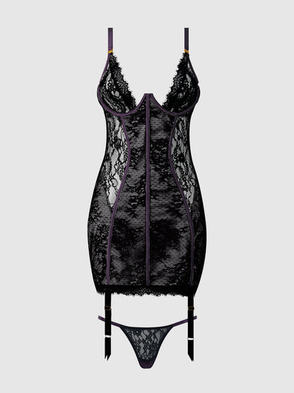 House of Desire Jocelyn Lace & Satin Garter Chemise & G-String Set Purple/Black