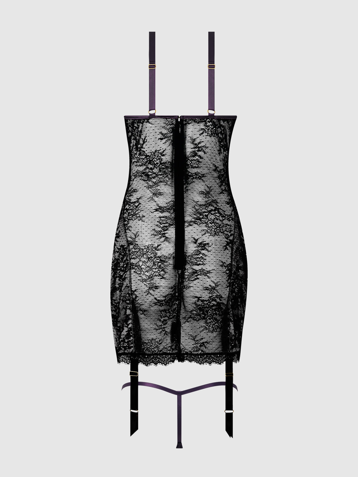 House of Desire Jocelyn Lace & Satin Garter Chemise & G-String Set Purple/Black