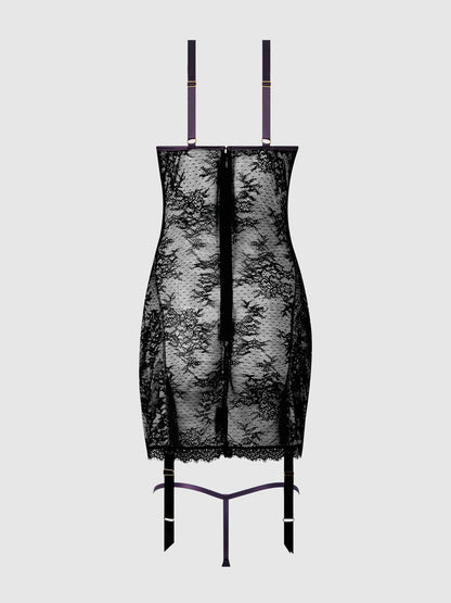 House of Desire Jocelyn Lace & Satin Garter Chemise & G-String Set Purple/Black