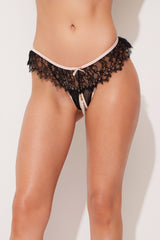 House of Desire Jocelyn Lace & Pearl Crotchless Thong Black/Light Pink