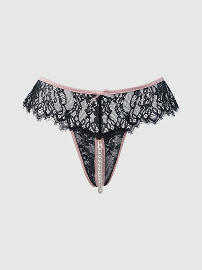 House of Desire Jocelyn Lace & Pearl Crotchless Thong Black/Light Pink