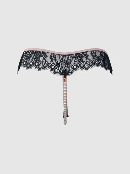 House of Desire Jocelyn Lace & Pearl Crotchless Thong Black/Light Pink