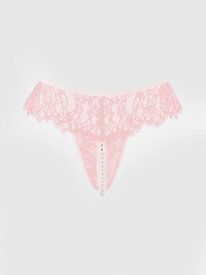 House of Desire Jocelyn Lace & Pearl Crotchless Thong Light Pink