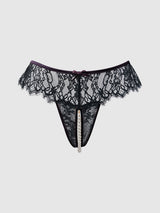House of Desire Jocelyn Lace & Pearl Crotchless Thong Purple/Black