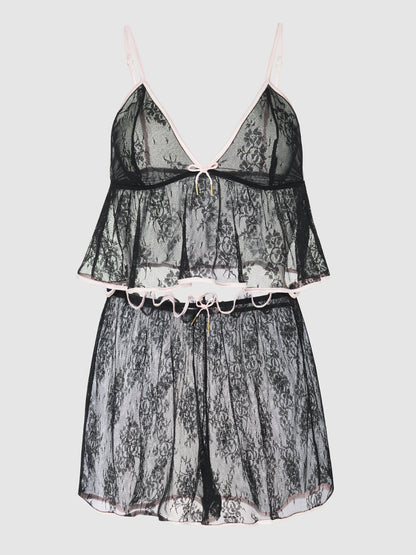 House of Desire Flouncy Lace Cami & Short Sleep Set Black