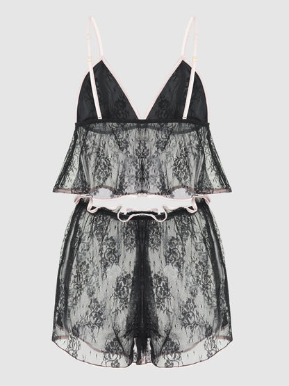 House of Desire Flouncy Lace Cami & Short Sleep Set Black
