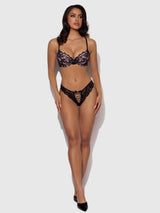 House of Desire Savannah Lace Push Up Plunge Bra & Tanga Set Black/Almond Blossom