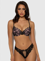 House of Desire Savannah Lace Push Up Plunge Bra & Tanga Set Black/Almond Blossom