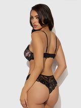 House of Desire Savannah Lace Push Up Plunge Bra & Tanga Set Black/Almond Blossom