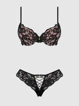 House of Desire Savannah Lace Push Up Plunge Bra & Tanga Set Black/Almond Blossom
