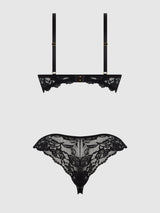 House of Desire Savannah Lace Push Up Plunge Bra & Tanga Set Black/Almond Blossom