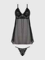 House of Desire Bella Lace & Mesh Babydoll & G-string Set Black