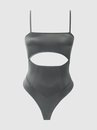 House of Desire Zoe High Shine Cutout Scoop Back Bodysuit Graphite Gray