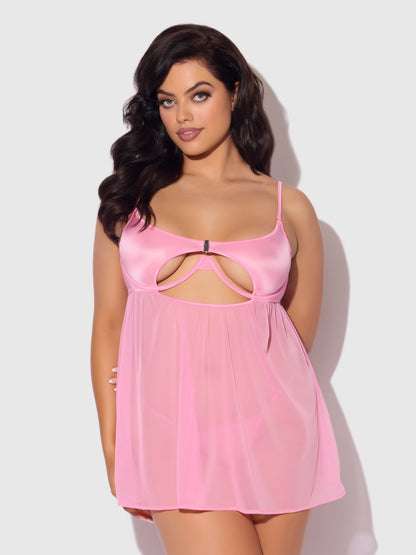 House of Desire Zoe Oil Slick Openable Cup Underwire Babydoll Set Bubblegum Pink