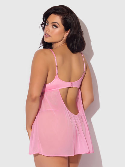 House of Desire Zoe Oil Slick Openable Cup Underwire Babydoll Set Bubblegum Pink