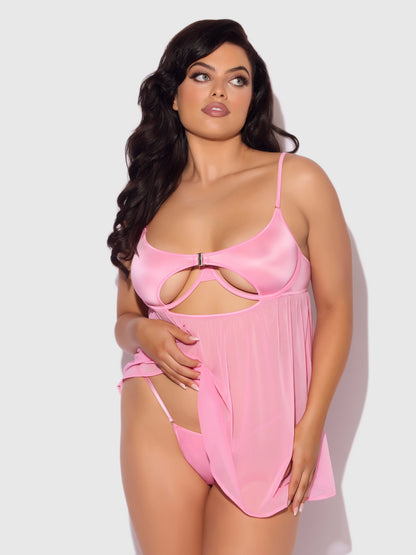 House of Desire Zoe Oil Slick Openable Cup Underwire Babydoll Set Bubblegum Pink