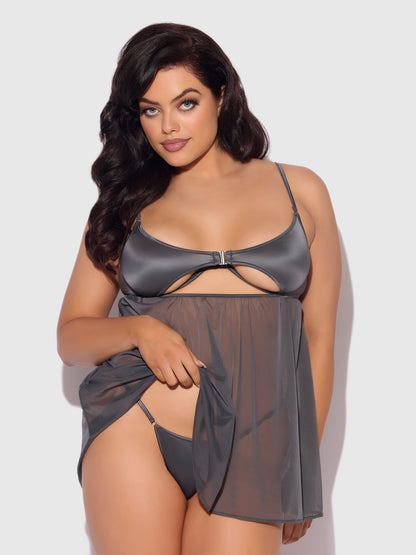 House of Desire Zoe Oil Slick Openable Cup Underwire Babydoll Set Graphite