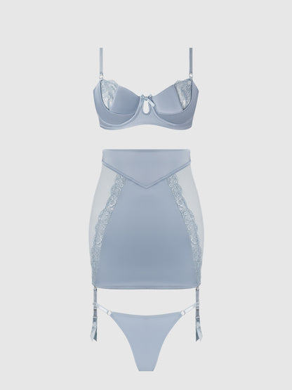 House of Desire Sienna Satin & Lace Bra, Backless Skirt & Tanga Set