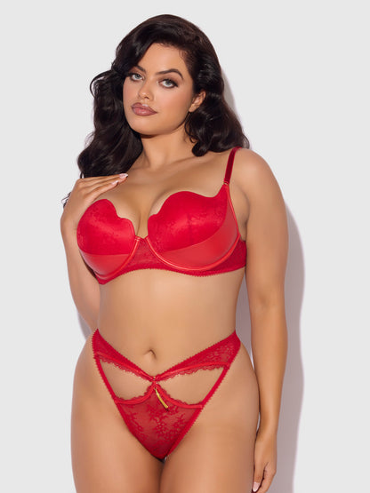 House of Desire Kiki Lace & Faux Leather Director's Cut Bra Set Barbados Cherry Red