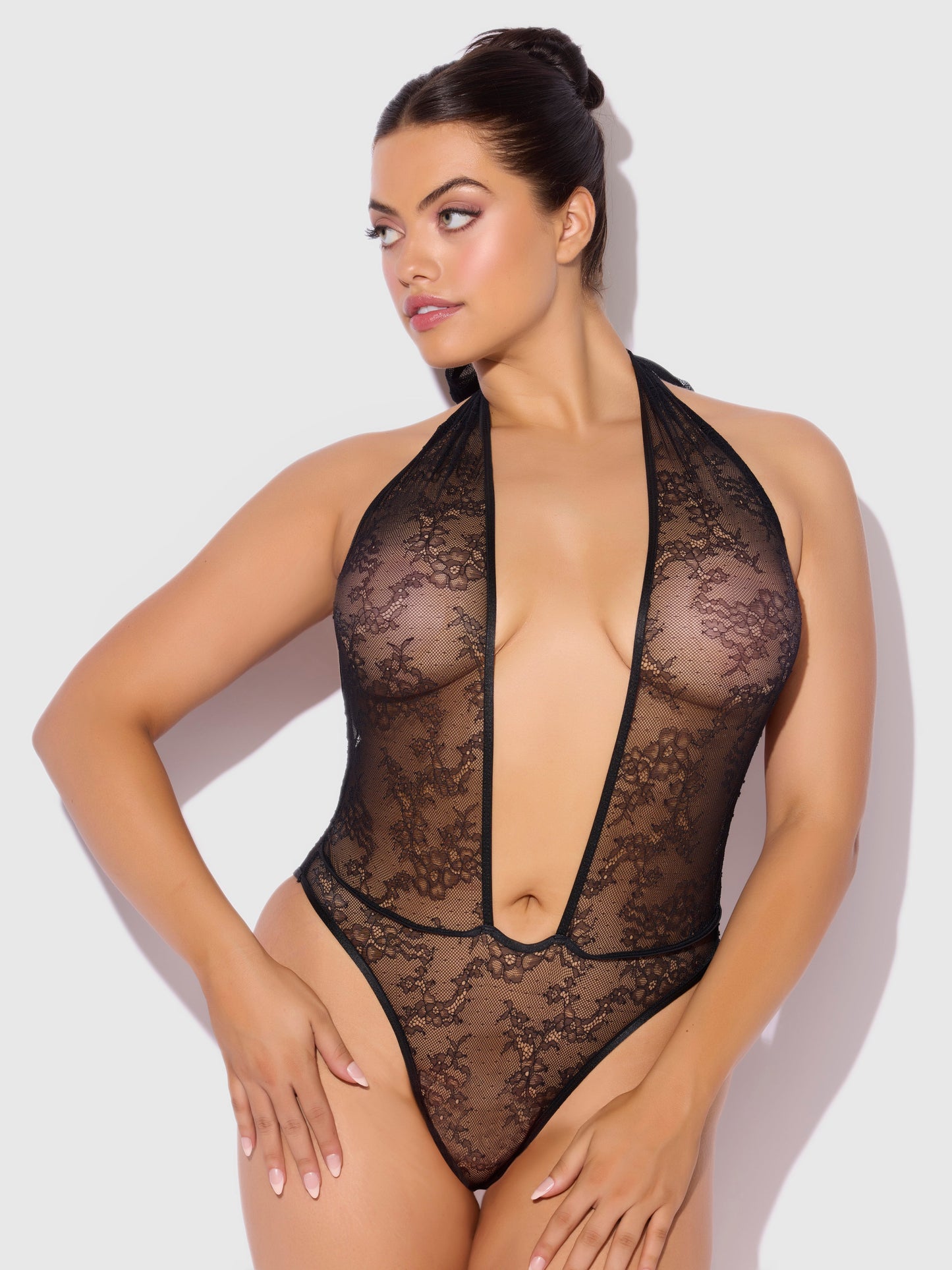 House of Desire Kiki Lace Plunge Halter Teddy Black