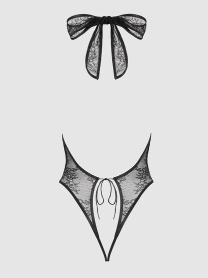House of Desire Kiki Lace Plunge Halter Teddy Black