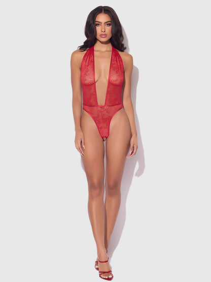 House of Desire Kiki Lace Plunge Halter Teddy Crimson Red
