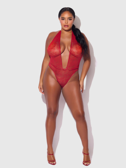 House of Desire Kiki Lace Plunge Halter Teddy Crimson Red