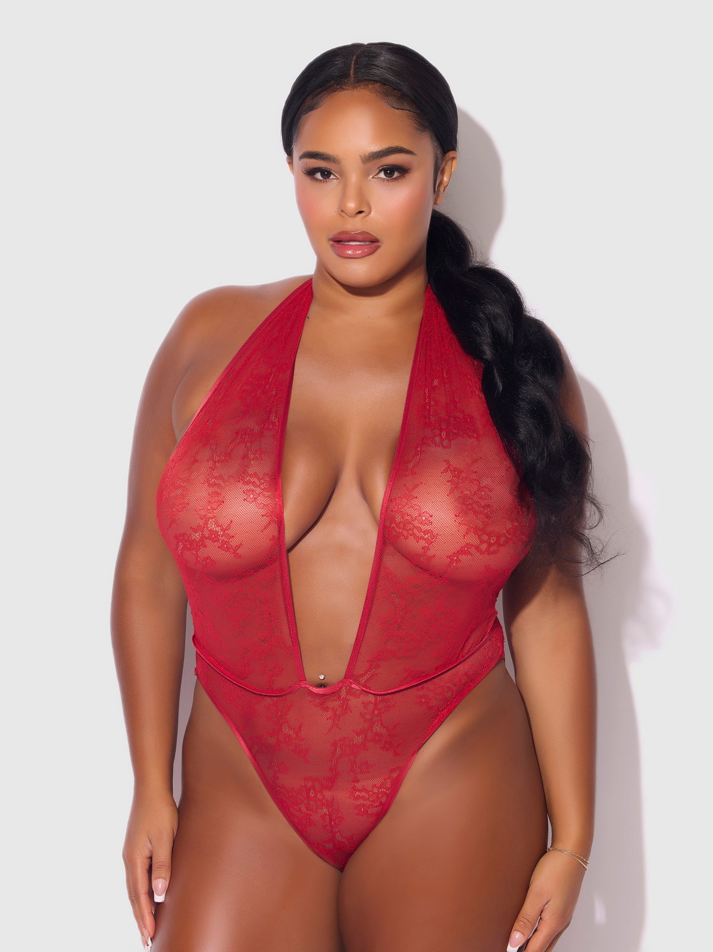 House of Desire Kiki Lace Plunge Halter Teddy Crimson Red