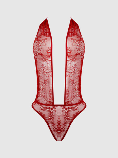 House of Desire Kiki Lace Plunge Halter Teddy Crimson Red
