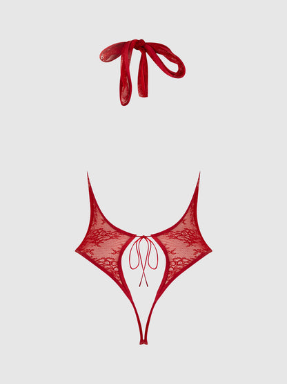 House of Desire Kiki Lace Plunge Halter Teddy Crimson Red